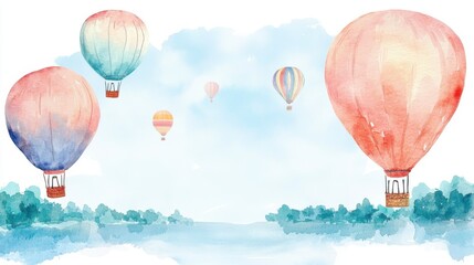 Obraz premium Watercolor Hot Air Balloons Sky Landscape Travel Adventure