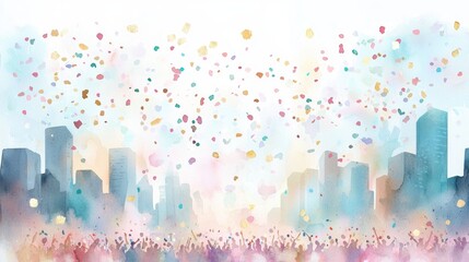 Fototapeta premium City Celebration Watercolor Confetti Crowd Urban Landscape
