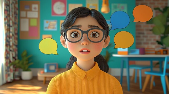 Worried girl with speech bubbles.