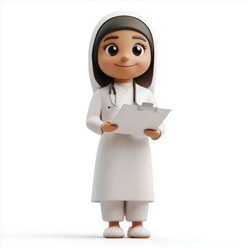3D Arabian Woman Emoji, Transparent in Nurse Attire, Smiling Friendly While Holding a Medical Chart..