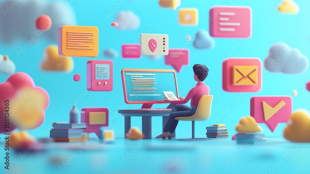 Poster Person working on computer with digital icons.
