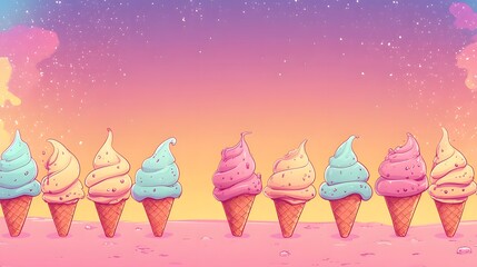 A cartoon-style background featuring a row of colorful ice cream cones