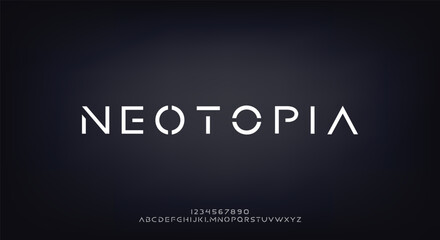 Geometric futuristic alphabet, robotic stencil letters, abstract font for minimalistic clean logo, unusual innovative headline, minimal simple typographic design. Vector typeset
