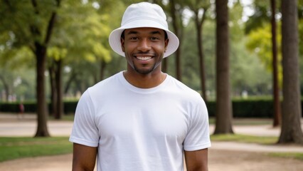 Black man wearing white t-shirt and white bucket hat standing in the park