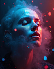 A woman with a face covered in glitter and smoke. The smoke is coming from her mouth. The image has a dreamy, surreal feel to it