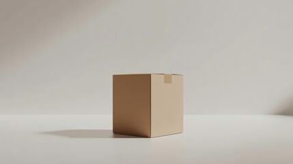Obraz premium A simple, closed cardboard box sits on a minimalist white surface, illuminated by soft, natural light.