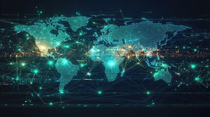 Global Digital Network Concept with Illuminated World Map and Data Connections