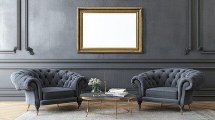 Elegant Living Room with Two Armchairs and Ornate Frame
