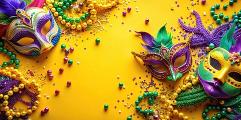 Fototapeta premium Vibrant colorful Mardi Gras masks and beads scattered on a bright yellow background