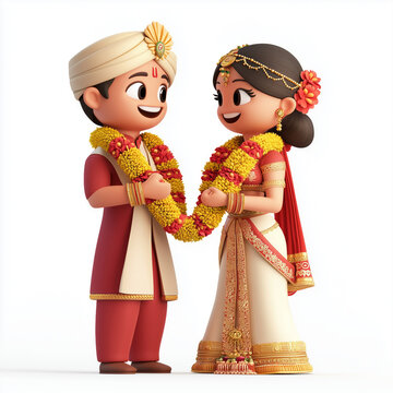 3D Indian bride and groom emoji exchanging jaimala, celebrating a festive ceremony, transparent background.