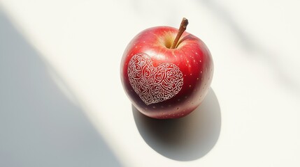 Artistic heart-decorated apple indoor setting still life photography natural light love concept