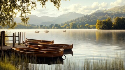 Naklejka premium Wooden Boats Docked on Calm Lake Mountain View