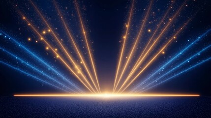 Realistic Dark Blue Stage with Golden Spotlight Lines and Glitter Texture for Award Ceremony Design: 3D Abstract Premium Elegant Glamour Background Template for Anniversary or Winner Rewarding