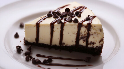 Creamy cheesecake slice with chocolate drizzle and chips.