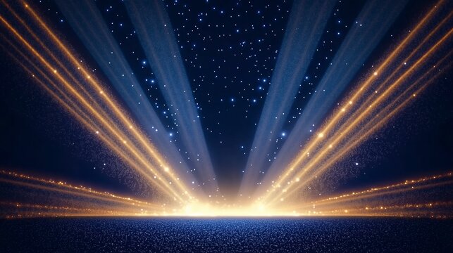 Realistic Dark Blue Stage with Golden Spotlight Lines and Glitter Texture for Award Ceremony Design: 3D Abstract Premium Elegant Glamour Background Template for Anniversary or Winner Rewarding