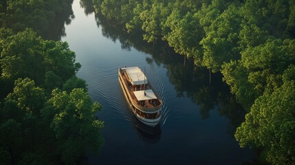 Fototapeta premium Scenic River Cruise Through Lush Green Forest