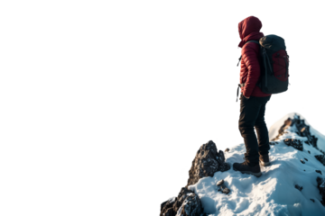 Traveler on Snowy Mountain peak isolated cutout, transparent png
