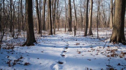 Winter Woodland Path Footprints In Snow