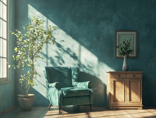 Dark blue interior design with teal armchairs and wooden cabinets. Plants in a vase on the floor Photorealistic and high resolution
