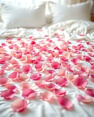 image d'énormément de pétales roses étalées sur un lit 