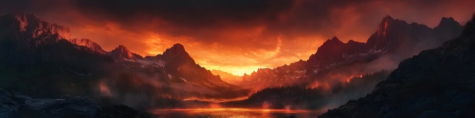 Obraz premium Wide shot of Moraine Lake at sunrise. with the Valley of Ten Peaks glowing under fiery orange skies. in 4K resolution