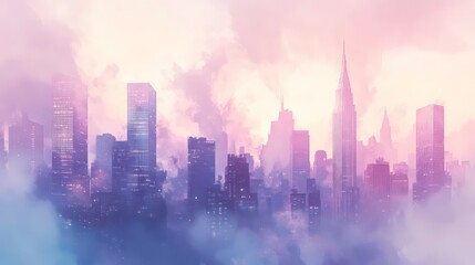 Misty city skyline at dawn showcasing tall buildings with soft pastel colors painting the early morning sky
