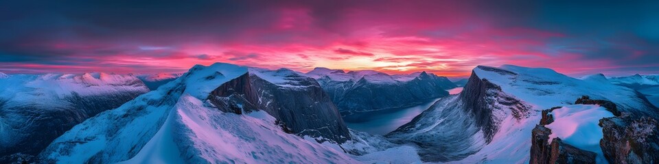 Fototapeta premium Aerial panorama of the surrounding cliffs glowing under a vibrant twilight sky. with Trolltunga extending dramatically over the fjord. in 4K resolution