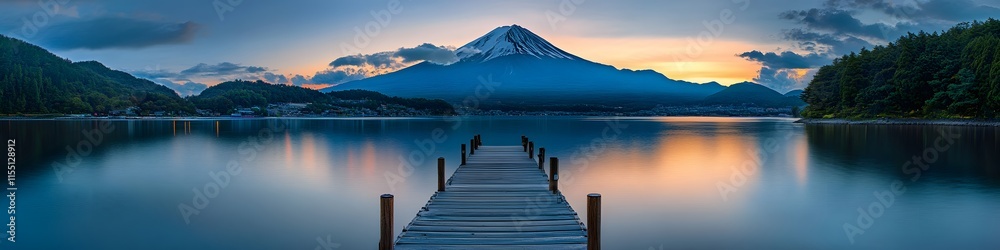 Aufkleber Panoramic view of a wooden pier extending into Lake Kawaguchi. with Mount Fuji glowing under golden hour light. in 4K resolution