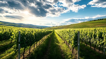 Fototapeta premium Vineyard landscape, sunlit rows of grapevines. Concept of agriculture, nature, and wine production.