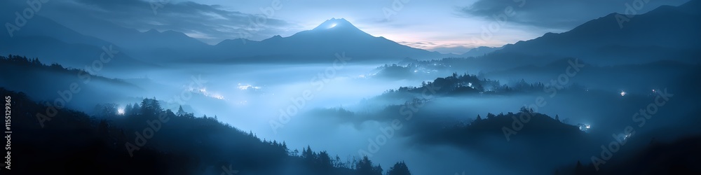 Aufkleber wide-angle shot of mount fuji surrounded by dense fog. with the clear peak glowing under the first l