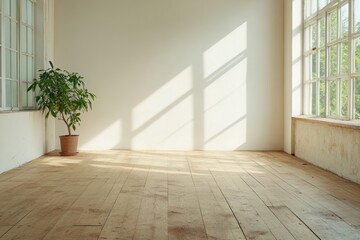 Fototapeta premium Bright and airy interior with wooden flooring and a potted plant providing a serene atmosphere during daytime