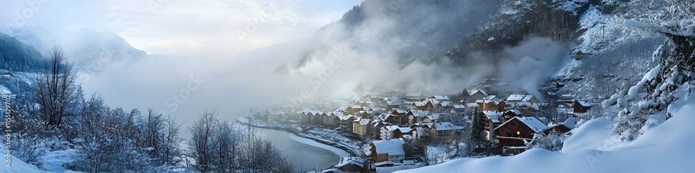 Poster panoramic view of hallstatt during winter. with the village covered in snow and the lake steaming so