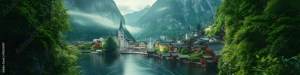 Poster wide shot of hallstatt framed by cascading waterfalls from the surrounding cliffs. with vibrant gree