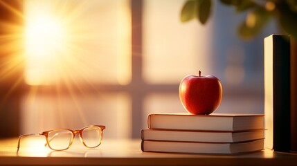 A stack of books and a red apple sit on a table