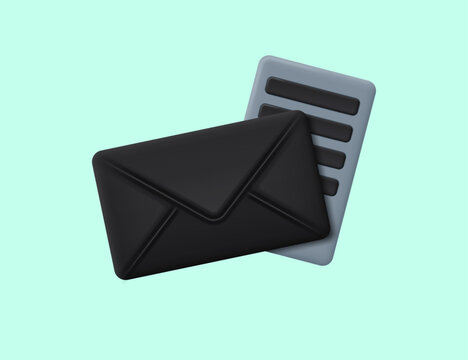 Realistic black mockup of a postal envelope with a document. Vector 3D illustration.