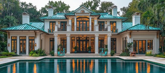 Obraz premium Elegant mansion with a turquoise roof and pool, surrounded by lush greenery.