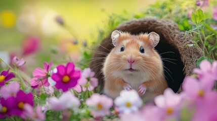 Hamster hiding in a tunnel flower garden background