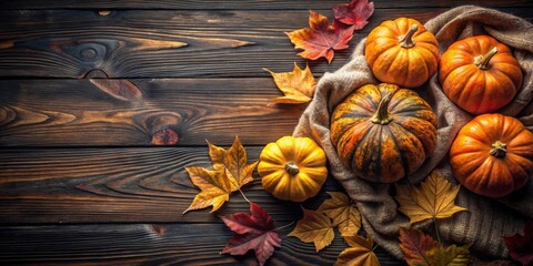Cozy autumnal scene with pumpkins and leaves on a dark wooden background, evoking feelings of warmth and comfort , wood, warm,  wood