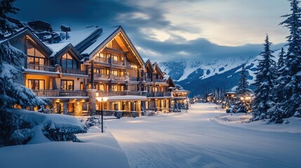 Fototapeta premium Luxurious Mountain Lodge Winter Snowscape Scenic View