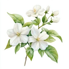 Obraz premium Watercolor Painting of White Flowers and Green Leaves