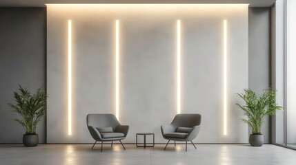 Fototapeta premium Modern minimalist waiting area with grey armchairs, small table, potted plants, and illuminated wall.