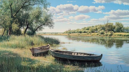 Two weathered boats rest peacefully by a tranquil river under a summer sky