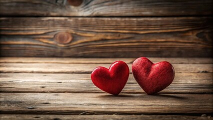 Two red hearts adorned on a rustic wooden background with subtle texture and warm lighting creating an intimate ambiance for love and affection , romantic atmosphere, love