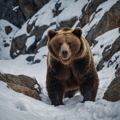 Obraz premium A brown bear emerging from a cave in the snowy mountains.