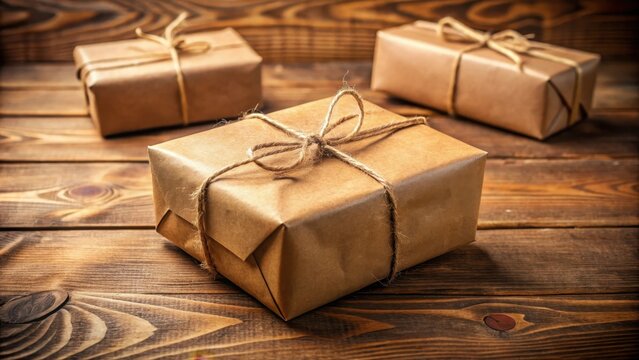 Brown paper parcel wrapped in twine and tied with a simple string, sitting on a wooden table surrounded by other parcels and boxes, wooden table, parcel