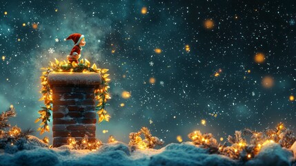 Mischievous Pixie with a Christmas Theme Standing on a Chimney Surrounded by Twinkling Lights and Snowflakes in a Magical Winter Wonderland