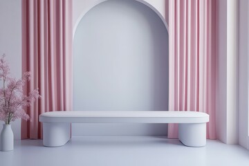 Minimalist Pastel Interior with Bench and Archway.