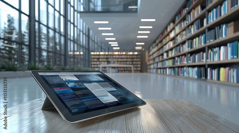 Aufkleber tablet on table in modern library.