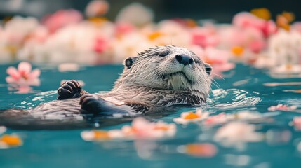Serene Otter in a Floral Paradise.