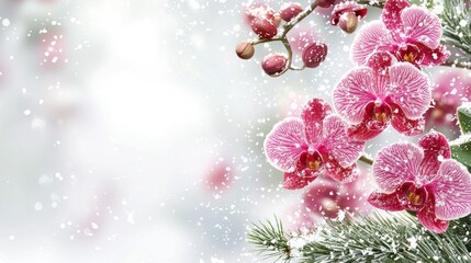 Fototapeta premium Festive Pink Orchids Surrounded by Snowflakes Amidst a Winter Wonderland Atmosphere Perfect for Holiday Celebrations and Joyous Christmas Themes